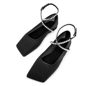 Amina Muaddi Ane Flats Mesh Leather Women Black Ballet Flats Size 38.5 US8.5